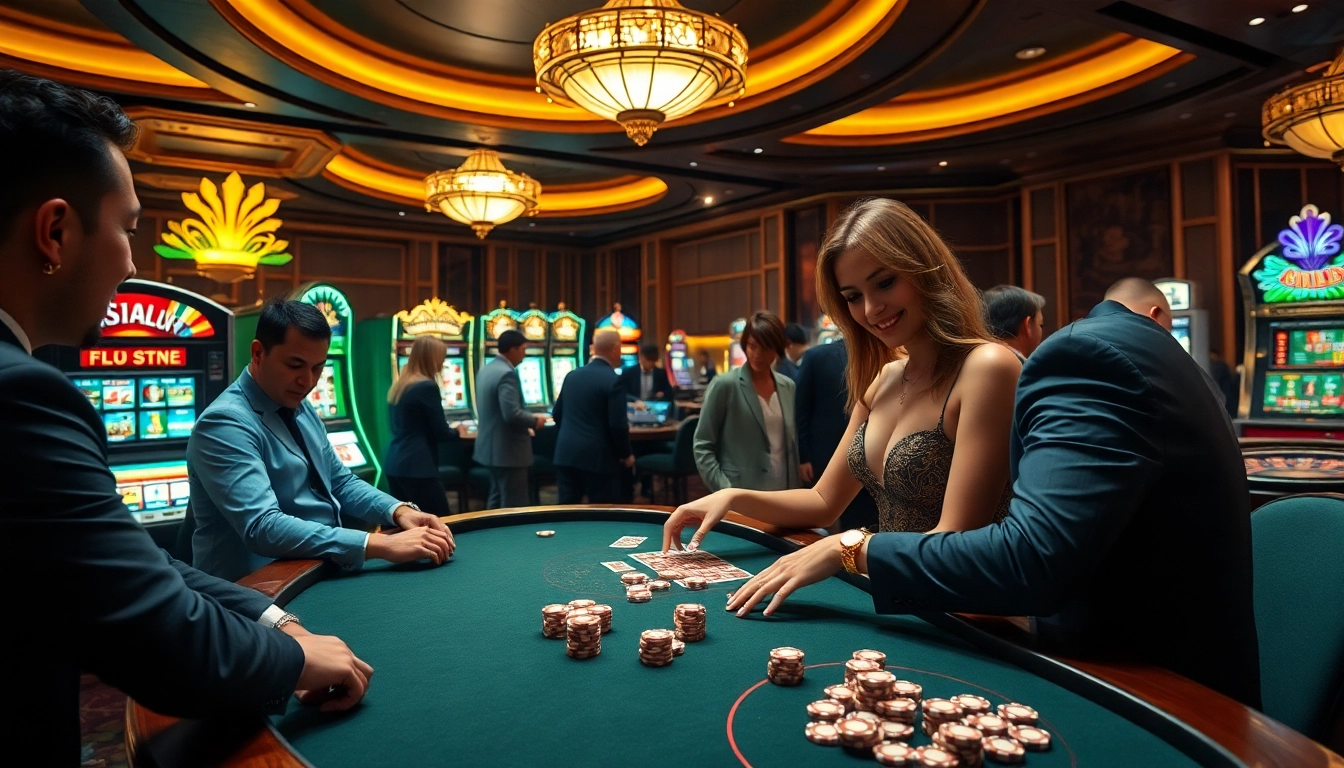 Excited players enjoying a thrilling casino experience at 688v with high-stakes poker and vibrant slot machines.
