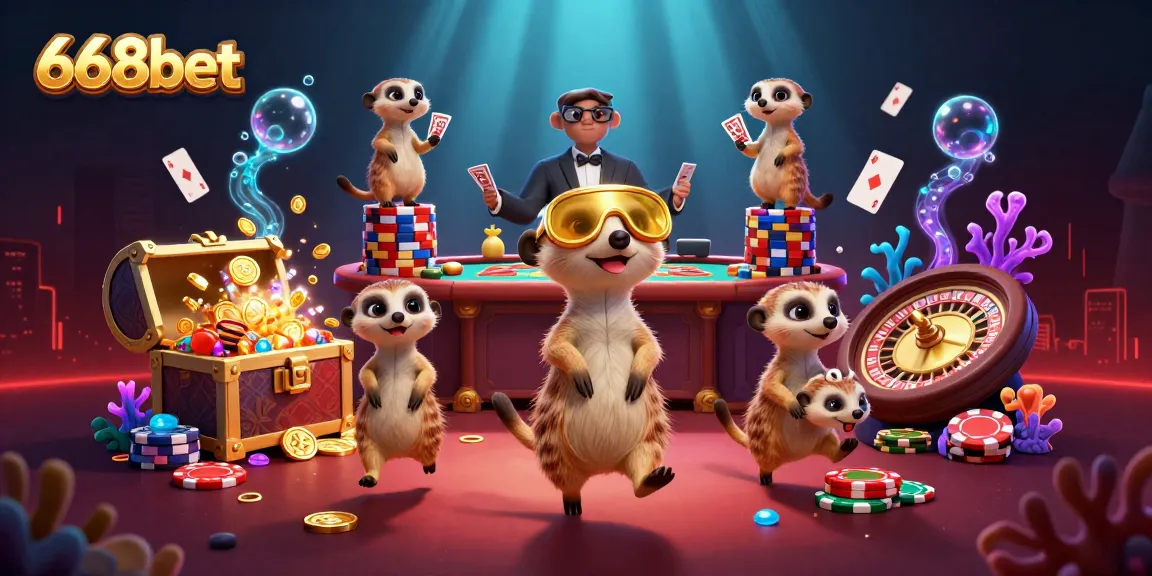 Engage with 668bet's thrilling casino experience featuring playful meerkats managing games.