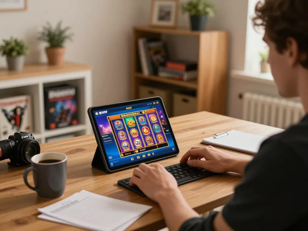 Player enjoying slots on the 81ff platform at home, showcasing a cozy gaming setup and strategic notes.