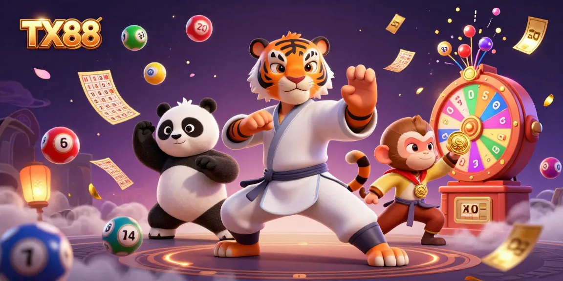 Experience TX88's vibrant energy with the kung fu tiger and panda in a lively casino scene.