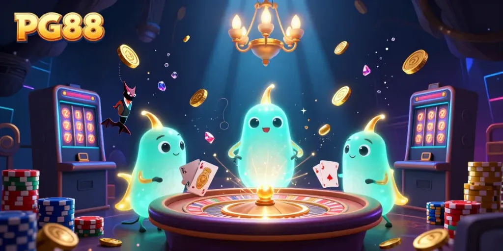 PG88's bioluminescent glowworms illuminate a dynamic cave casino scene filled with games and excitement.