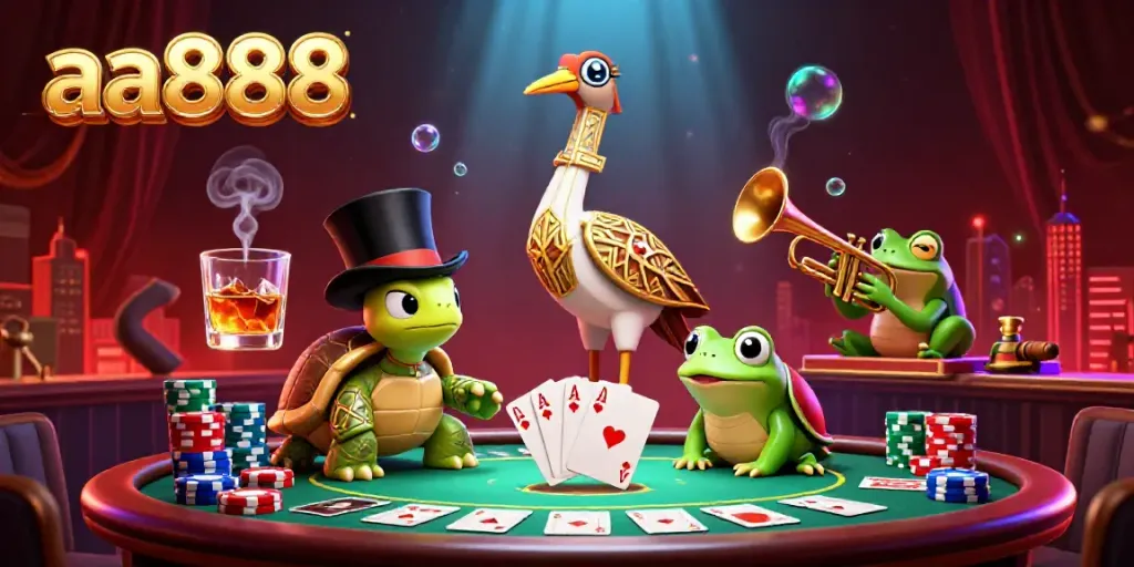 Experience prime gaming action with aa888's vibrant casino scene featuring lively characters and poker elements.