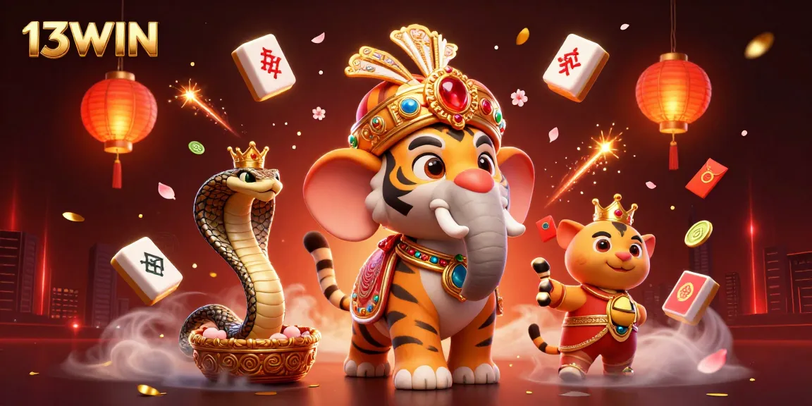 Experience the excitement of 13WIN with a dazzling 3D casino scene featuring vibrant elements and lucky symbols.