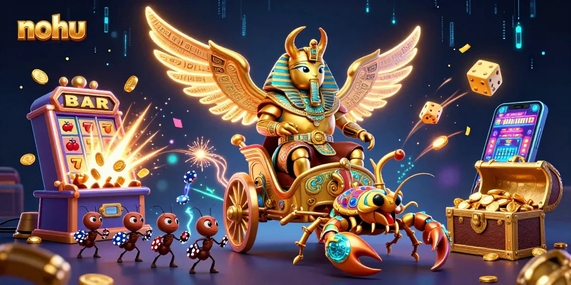 Nohu's dynamic 3D casino scene featuring a golden scarab beetle and scorpions amidst a jackpot explosion.