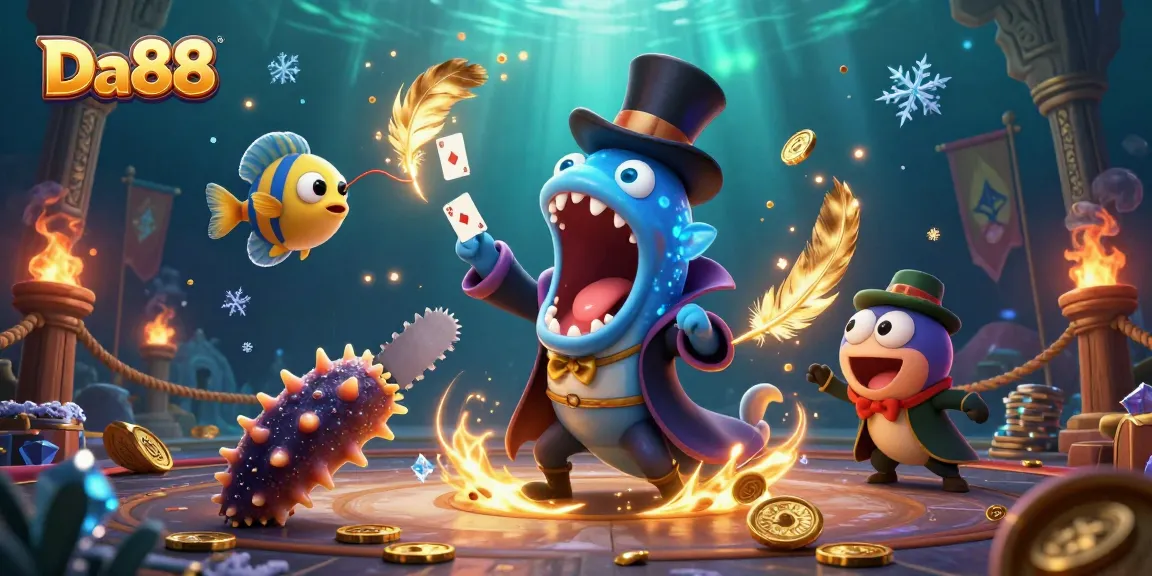 Experience thrilling card magic with Da88 at a vibrant underwater casino featuring dynamic characters.