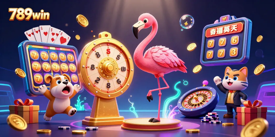 Engage with 789win's vibrant casino scene featuring a cartoon flamingo, bulldog, and captivating prizes!