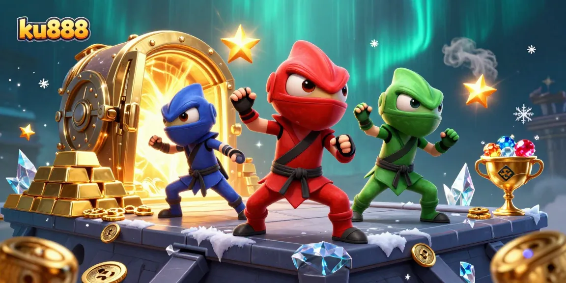 ku888's vibrant 3D illustration of ninja chameleons and casino treasures in action.