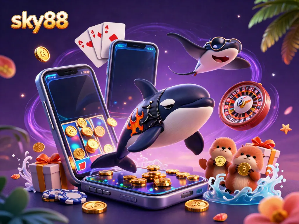 Engage with sky88's vibrant gaming world featuring an orca and otters celebrating wins.