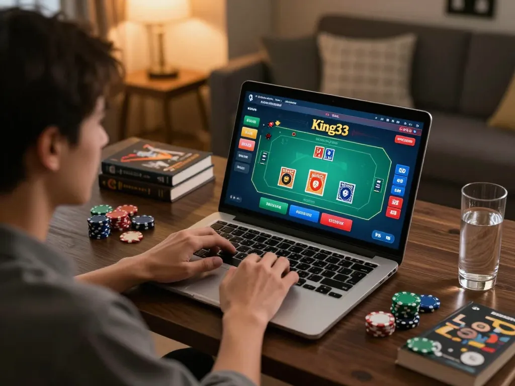 Player engaged in an online poker game at king33, showcasing a cozy home setup with a laptop and strategy notes