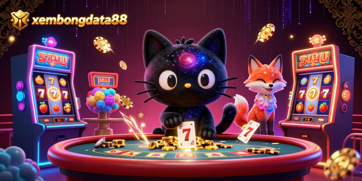 xembongdata88 wins with a cosmic black hole cat and fruity slot machines in a colorful casino.