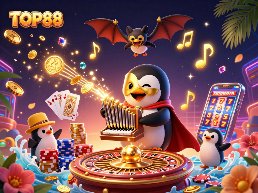 Witness TOP88's thrilling casino magic with vibrant characters and games in a festive scene.