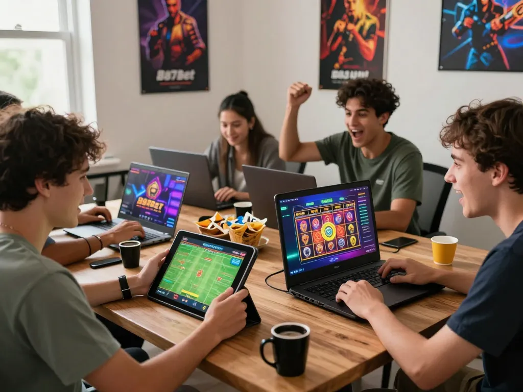 Engaging gaming scene with friends enjoying the 887bet platform, showcasing excitement and interaction.