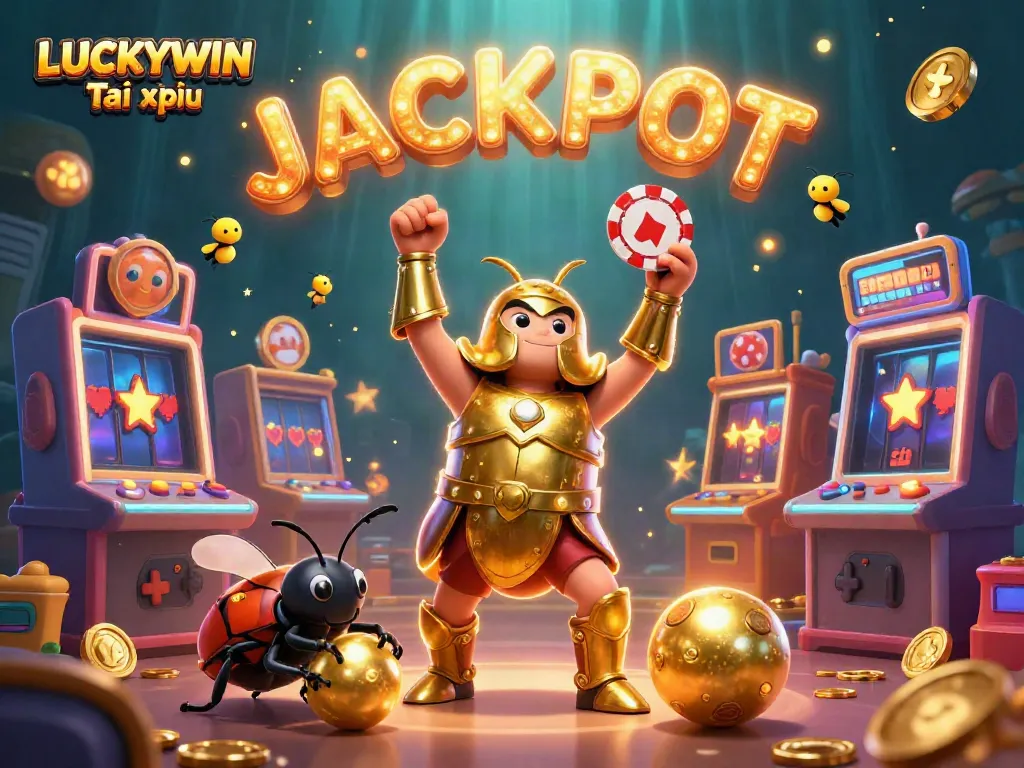 LUCKYWIN Tài xỉu game features a heroic hercules beetle and vibrant slot machines.