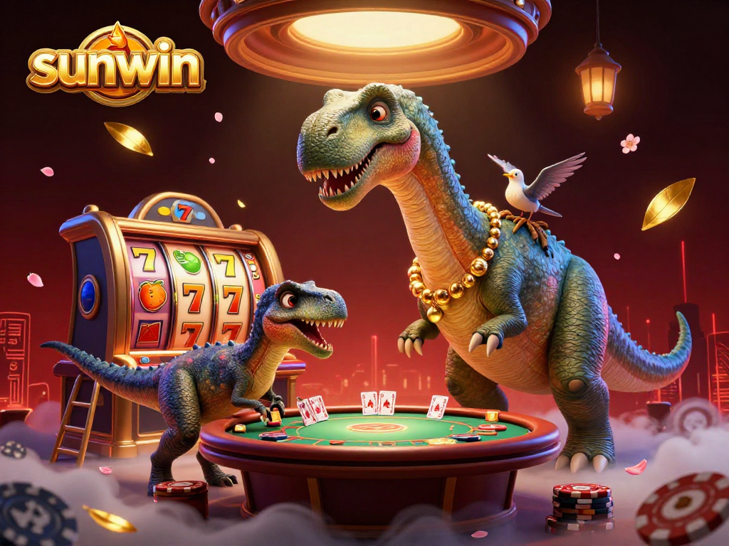Engage with sunwin's thrilling casino scene featuring a giant brontosaurus and vibrant slots.