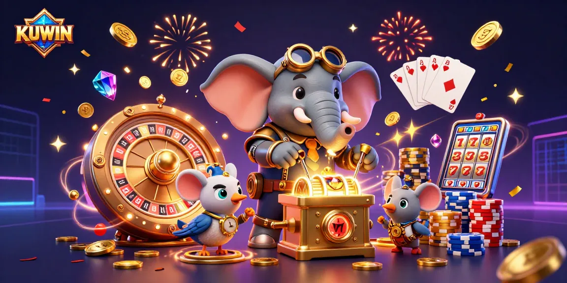 KUWIN casino features a steampunk elephant operating a slot machine amidst golden coins and festive elements.