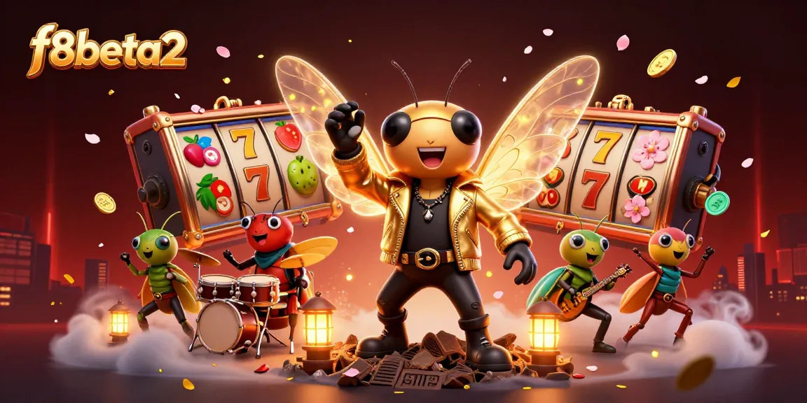 Experience thrilling action with f8beta2's vibrant slot games featuring a cicada rock star, lucky 7s, and colorful golden coins.