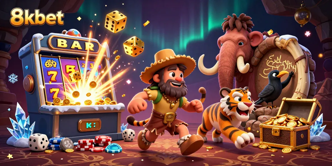 Play exciting games at 8kbet with a dazzling prehistoric casino illustration featuring dynamic elements.