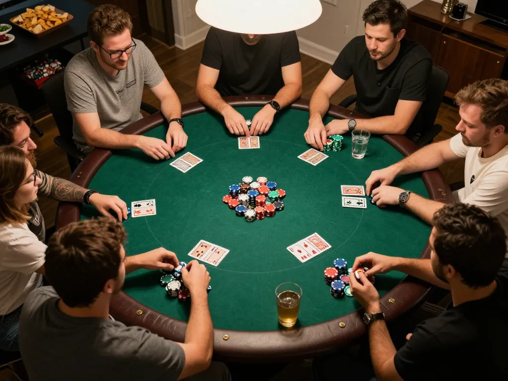 LUCKY88 poker game with friends at home, showcasing competitive gameplay and snacks.