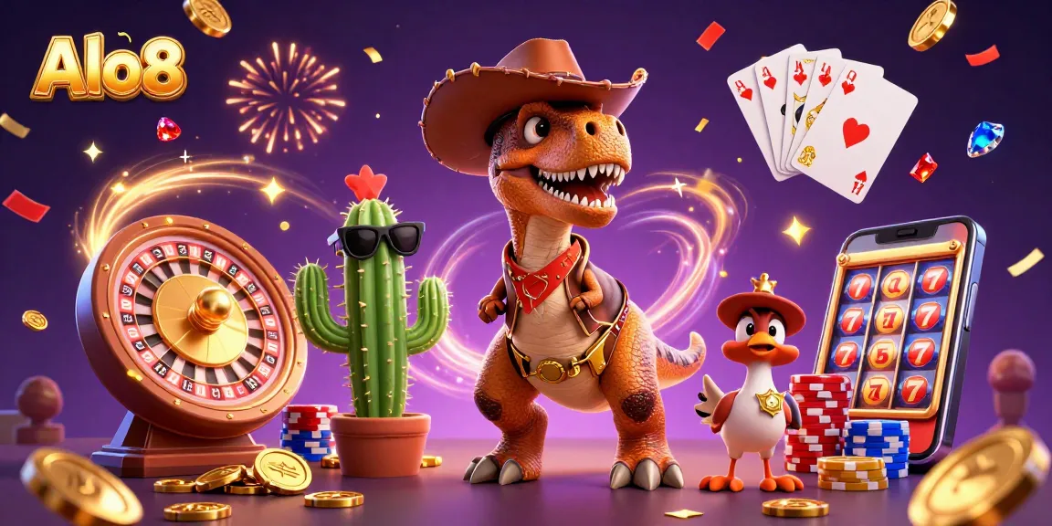 Alo8 delivers exciting casino fun with a cartoon dinosaur and vibrant game elements spinning and shining.