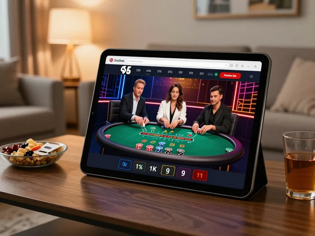 75W online casino gameplay on tablet screen with live dealer interaction, cozy home setting promoting responsible gambling.