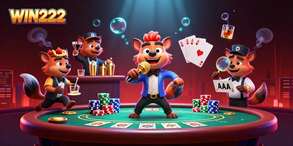 Hyenas entertain at WIN222 casino with drinks and poker action in an engaging 3D scene.
