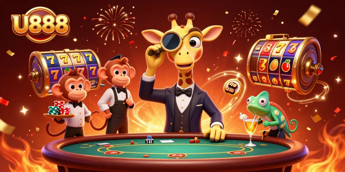 Experience thrilling slots at U888 with a high-roller giraffe, monkey valet, and a chameleon bartender.