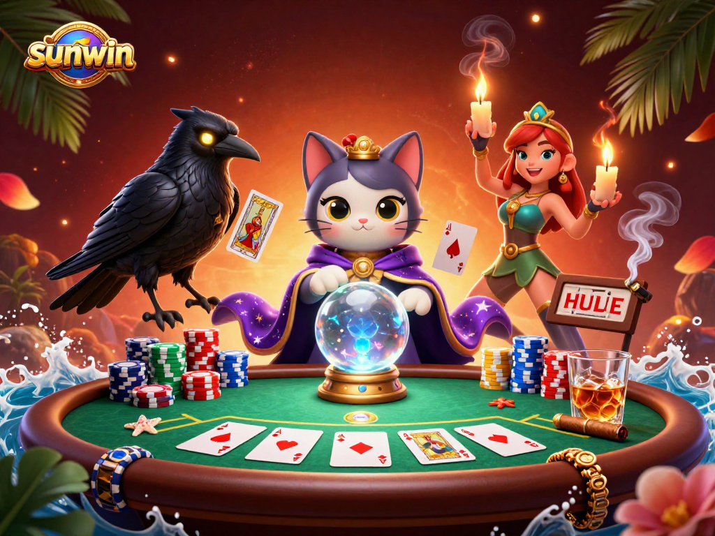 Win big with sunwin at this vibrant casino scene featuring a mystical fortune teller.