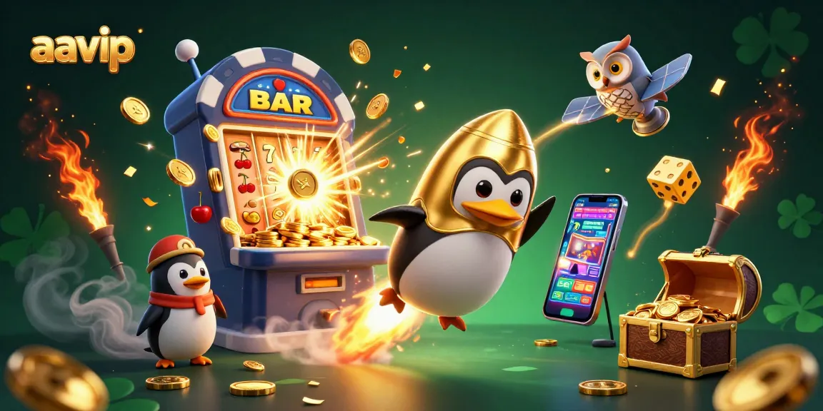 AAVIP brings excitement with a golden penguin, dynamic slots, and vibrant casino elements in a lively illustration.
