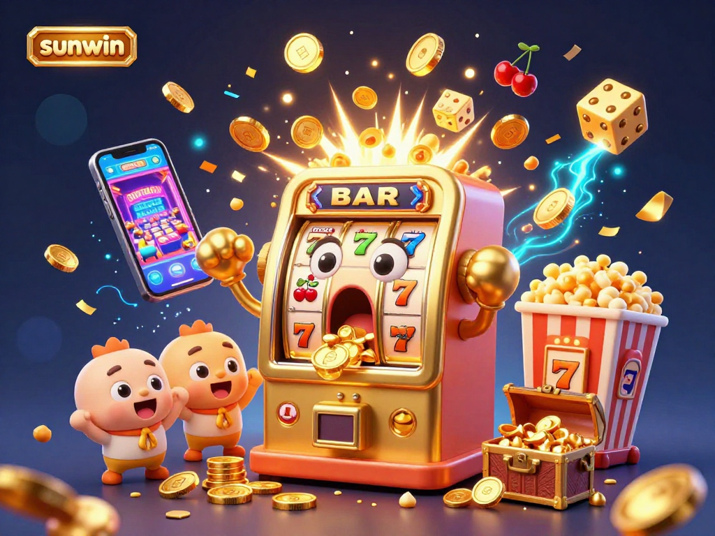 Experience the excitement of sunwin with a cartoon slot machine hitting a jackpot, surrounded by vibrant gambling elements.
