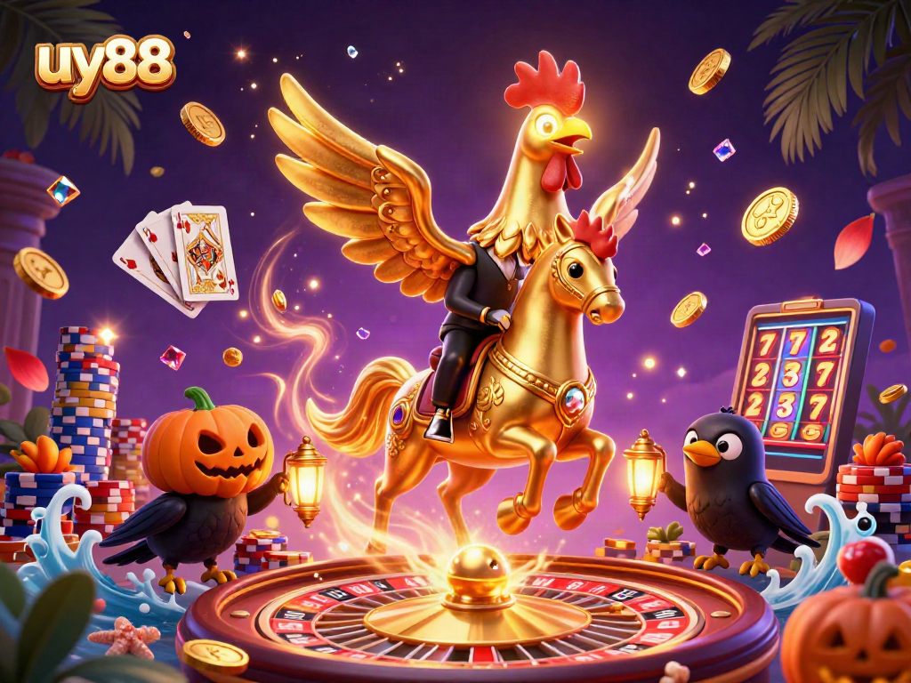 Experience the thrill of uy88 with a golden rooster in a vibrant midnight casino setting.