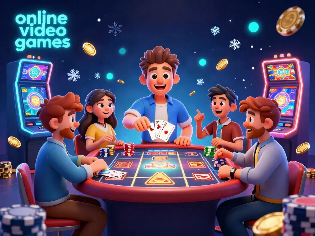 Engage in online video poker games with our vibrant casino scene, showcasing dynamic players and rich gaming elements.
