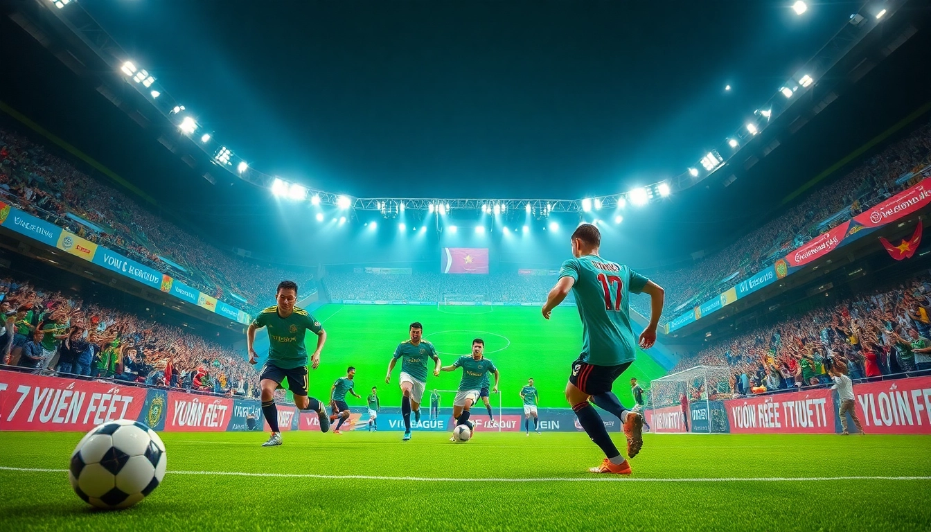 Intense action from the Giải Bóng đá Vô địch Quốc gia Việt Nam featuring players, vibrant fans, and dramatic lighting.