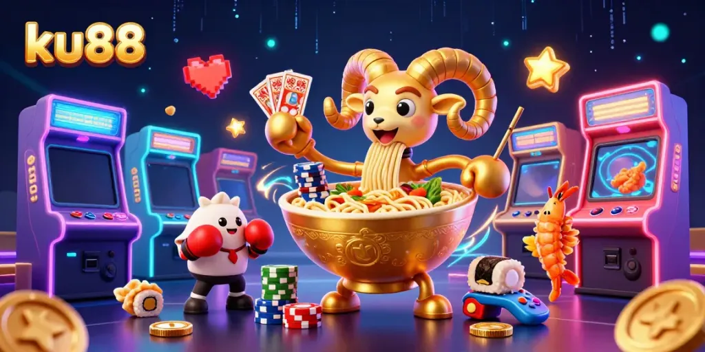 Experience the vibrant casino atmosphere with ku88's unique characters and gaming elements in this 3D illustration.
