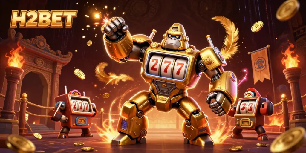 Experience H2BET's gaming excitement with golden gorilla mech and dynamic casino elements.