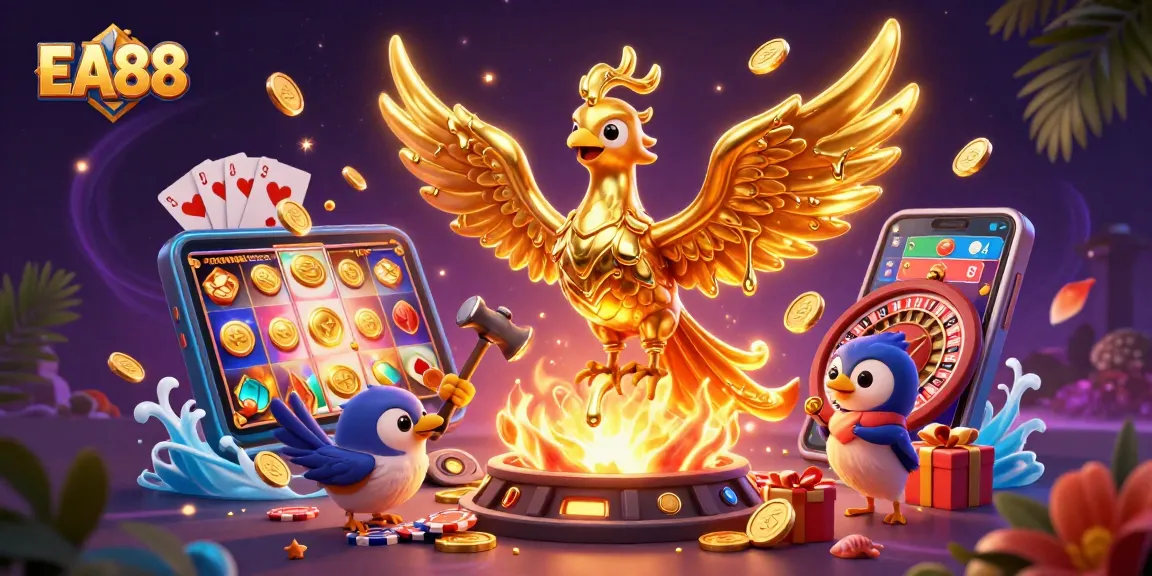 EA88 players spin reels and collect golden coins as a phoenix rises in this vibrant gaming illustration.