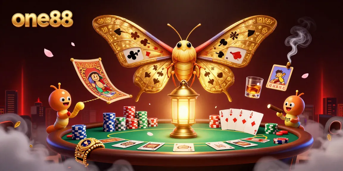 Engage in thrilling gameplay at one88 with a colorful casino scene featuring a winning hand of poker cards.