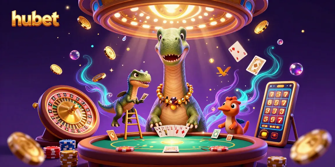 Experience thrilling poker at hubet with a giant brontosaurus dealer and vibrant casino elements.