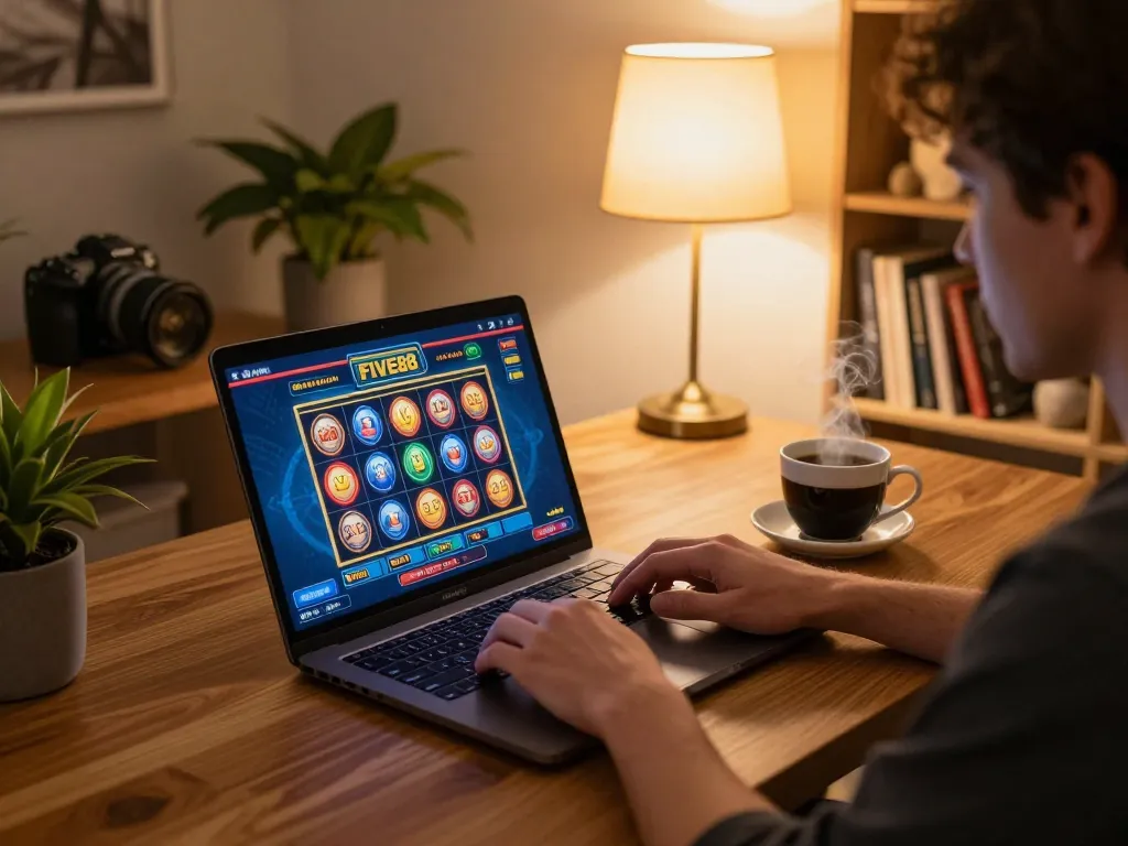 Engaging online gaming scene featuring a player enjoying FIVE88's exciting casino games on a laptop at home