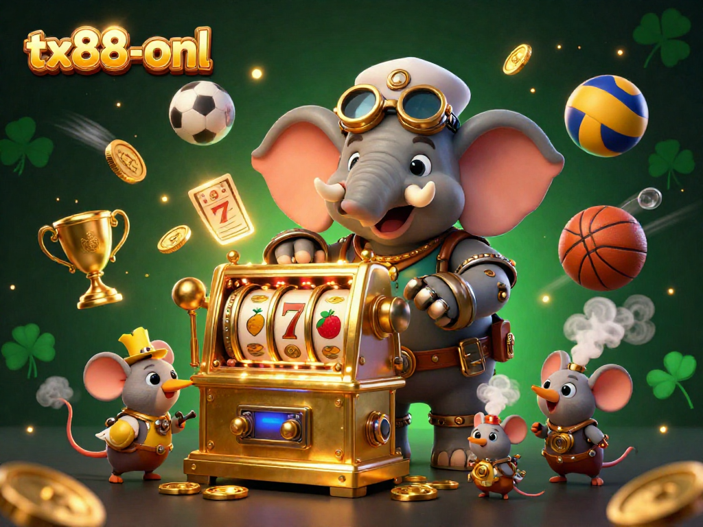 Engage with tx88-onl's slot machine excitement featuring a steampunk elephant and dynamic sports elements.