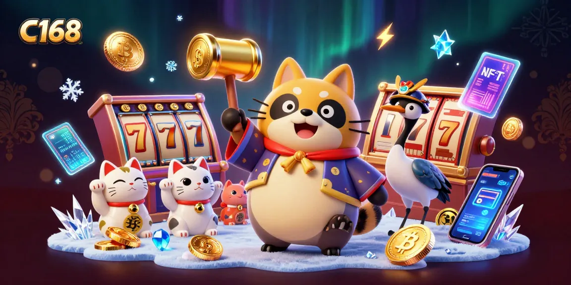 C168 engages players with vibrant 3D scenes showcasing lucky tanuki and casino symbols.