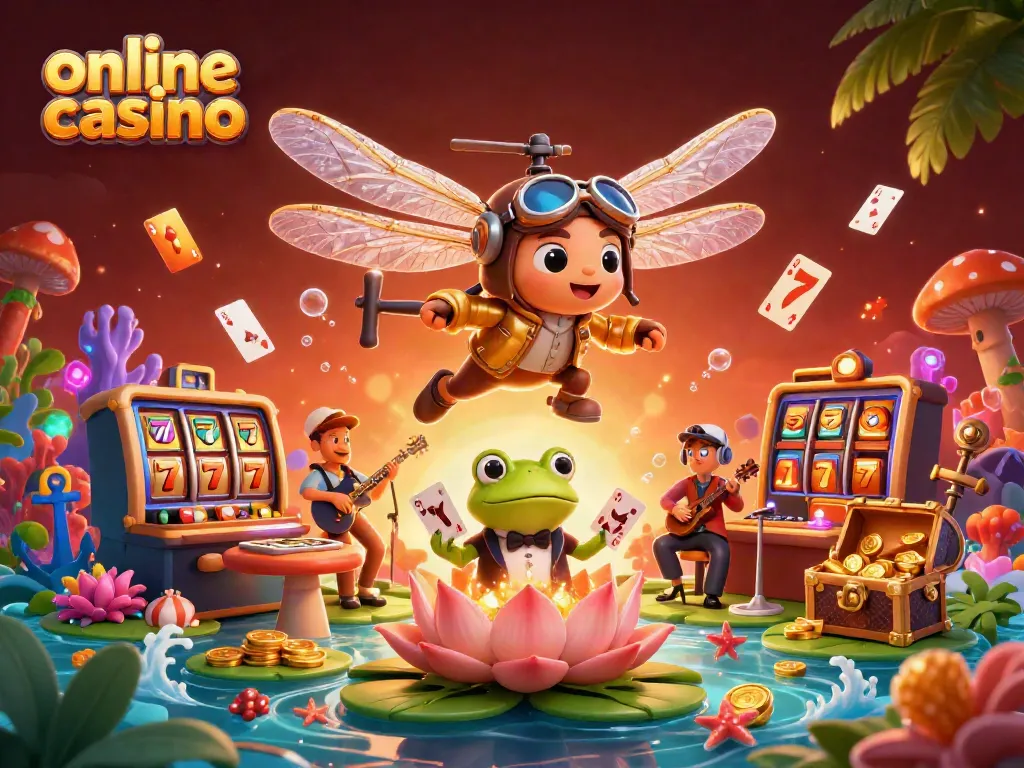 Enjoy dynamic card dealing in this online casino scene featuring a playful dragonfly pilot.