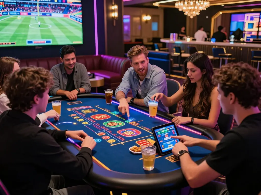 Group enjoying online gaming at https://8kbett.dev/ with colorful screens and a lively atmosphere.