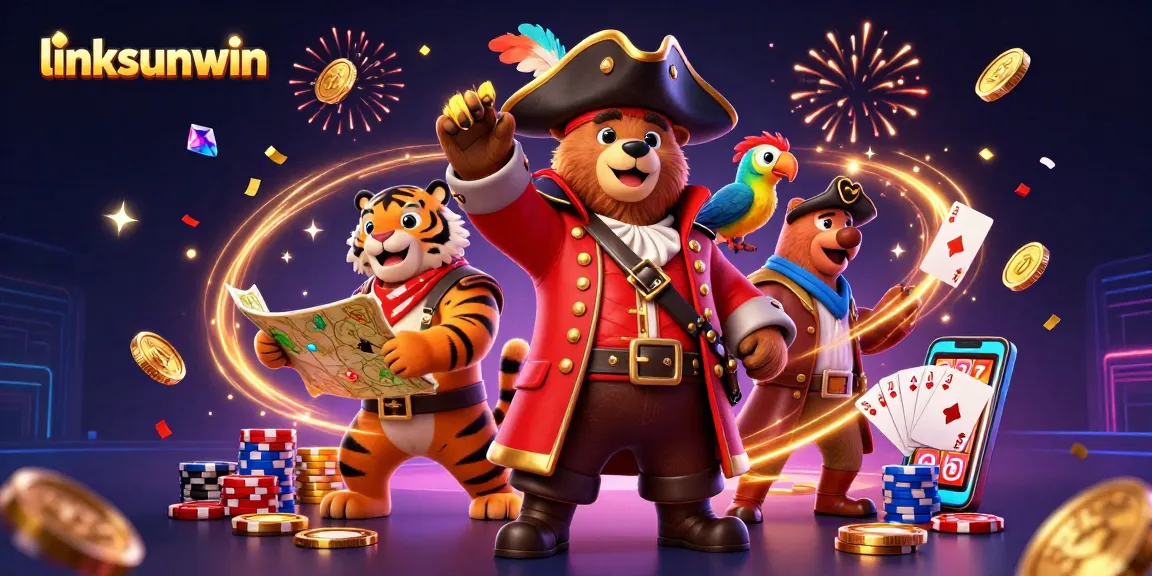 Reveal victories with linksunwin pirate-themed casino illustration featuring vibrant game elements.