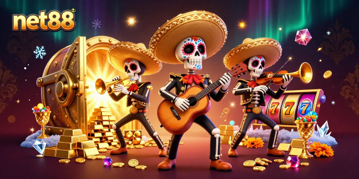 Experience the thrill of net88 with a vibrant 3D mariachi band amidst a treasure-filled casino.
