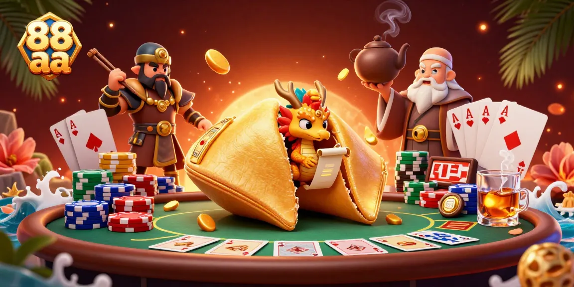 Engage with 88 aa through an enchanting casino scene featuring golden fortune cookies and dynamic poker elements.