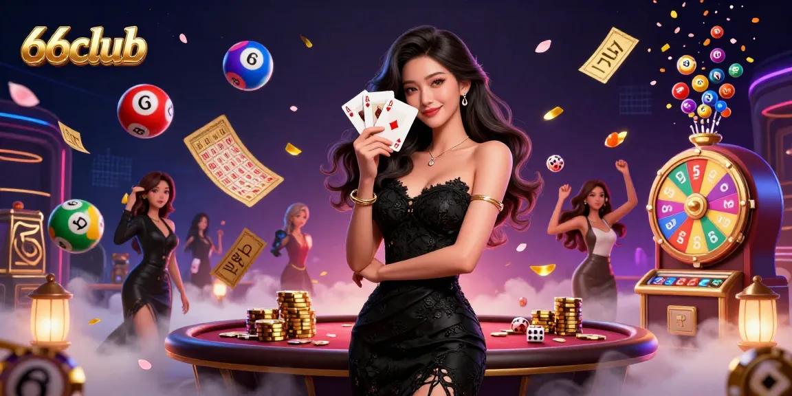 Experience excitement at 66club with colorful lottery balls and dynamic casino elements.