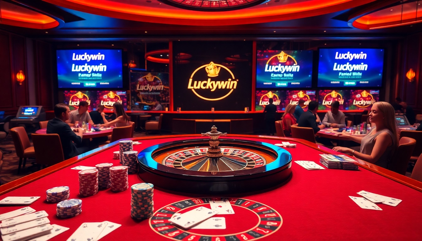 Luckywin players enjoying live casino games surrounded by luxury poker elements and vibrant colors.