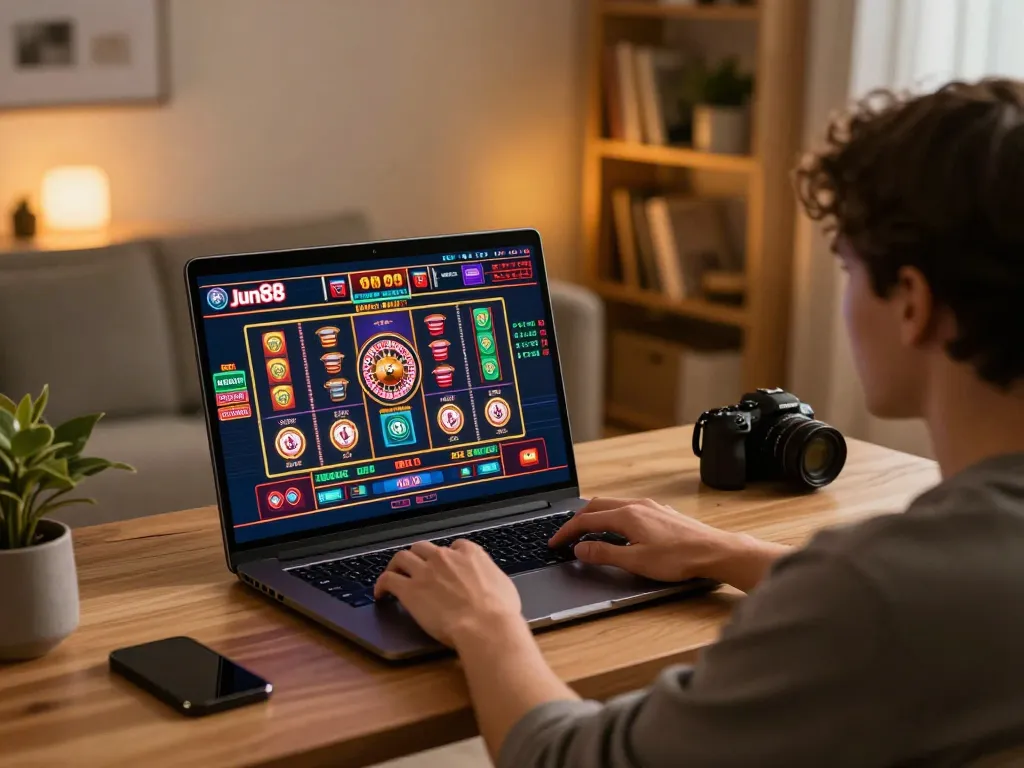 Engaging in online gaming at Jun88, a vibrant casino interface displayed on the laptop screen.