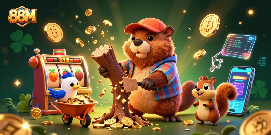 88M showcases a vibrant scene with characters enjoying slots, surrounded by gold coins and crypto elements, depicting a playful gaming atmosphere.