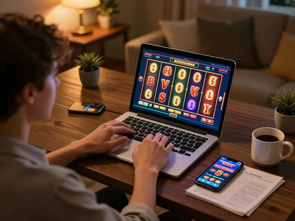 Engaging in an online slots game on trang chủ lc88 with cozy home setup and vibrant screen.